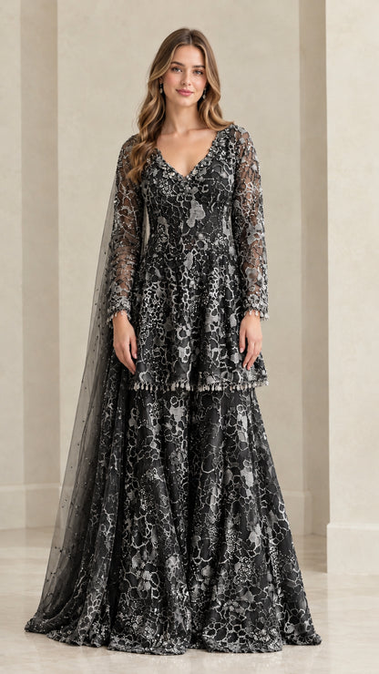 Black embroidered peplum sharara suit set with flared trousers