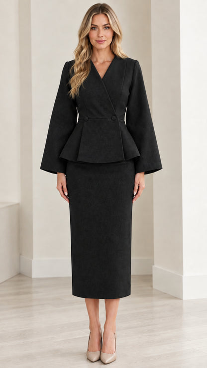 Model wearing black peplum jacket and midi pencil skirt two-piece set