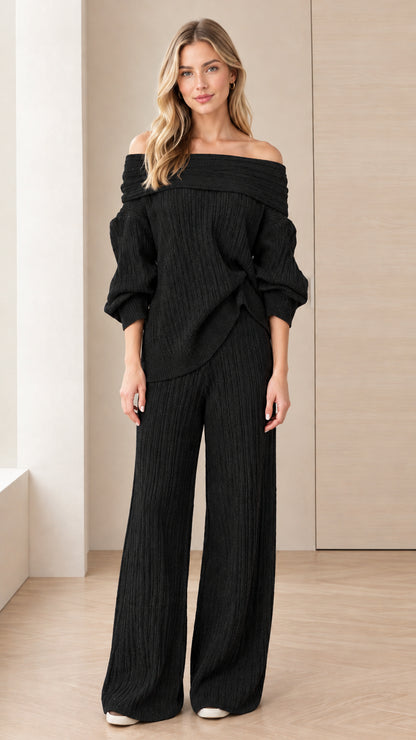 Black off-the-shoulder textured knit top and wide-leg pants two-piece set
