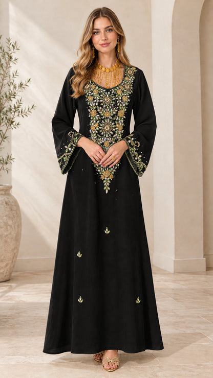 Front full view of woman wearing Black beaded kaftan maxi dress