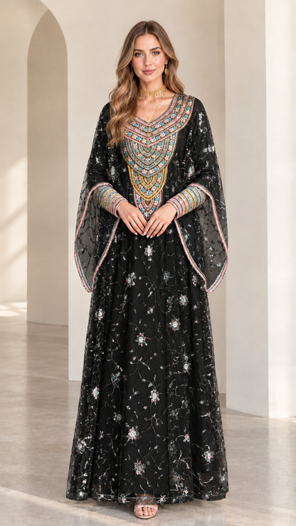 Full front view of black embroidered cape sleeve kaftan maxi dress