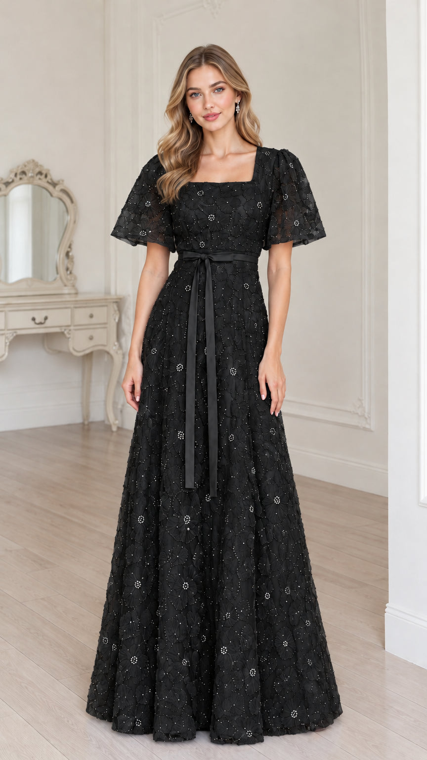 Full-length black square neck flutter sleeve lace evening maxi dress
