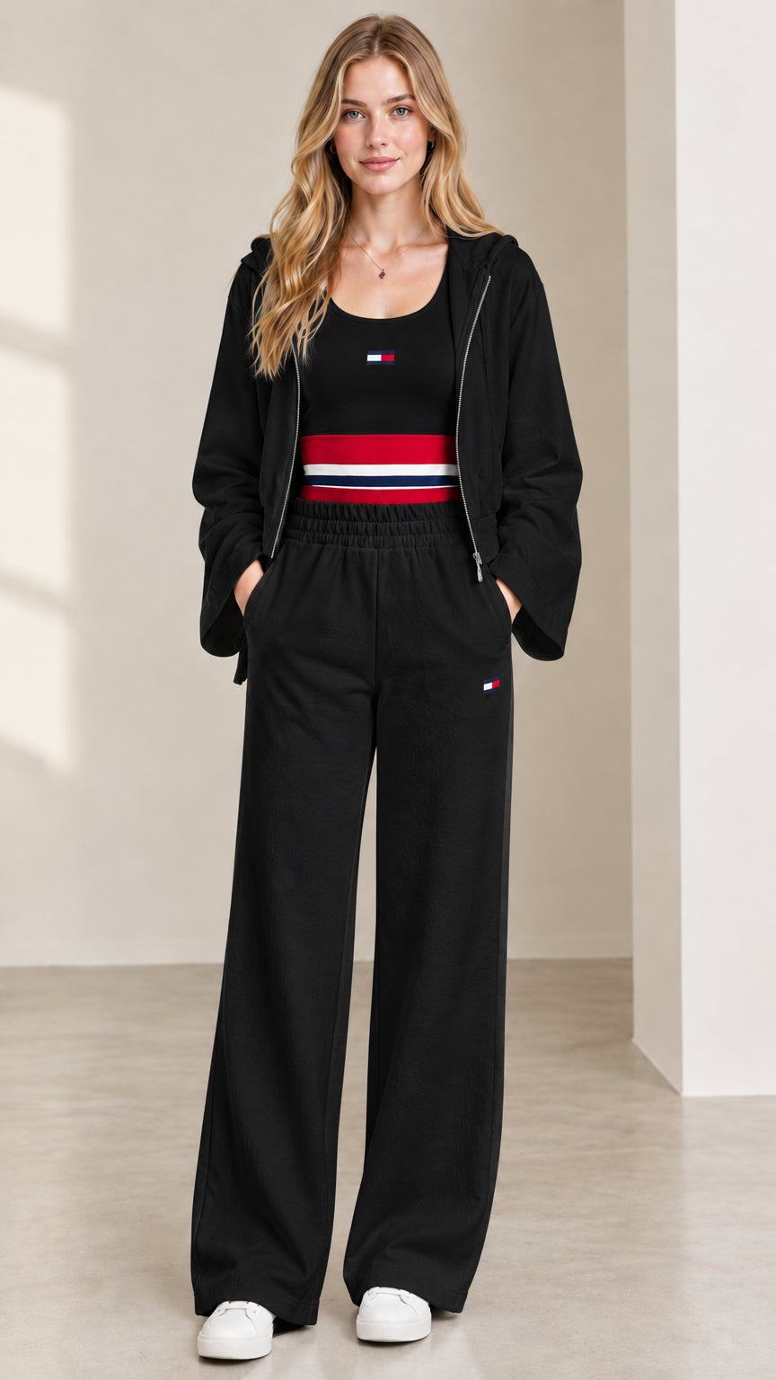Women's 3-piece lounge set in black with cropped hoodie, tank, and wide leg pants
