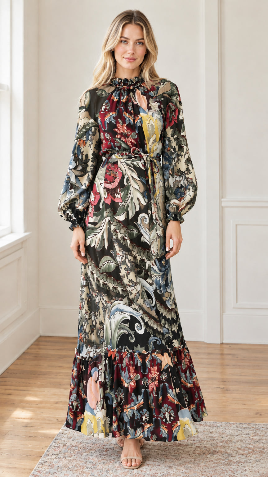 Woman modeling long sleeve boho floral tiered maxi dress in black multi