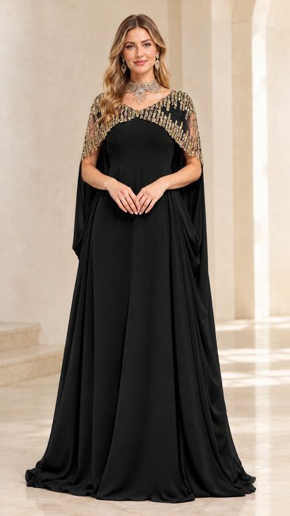Black floor-length evening dress with embellished cape overlay