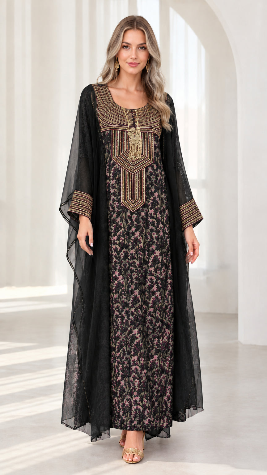 Black embroidered cape maxi kaftan dress front view