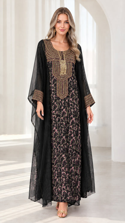 Black embroidered cape maxi kaftan dress front view