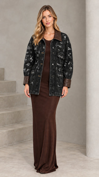 Front view of model wearing Washed Black embellished denim jacket with brown contrast trim