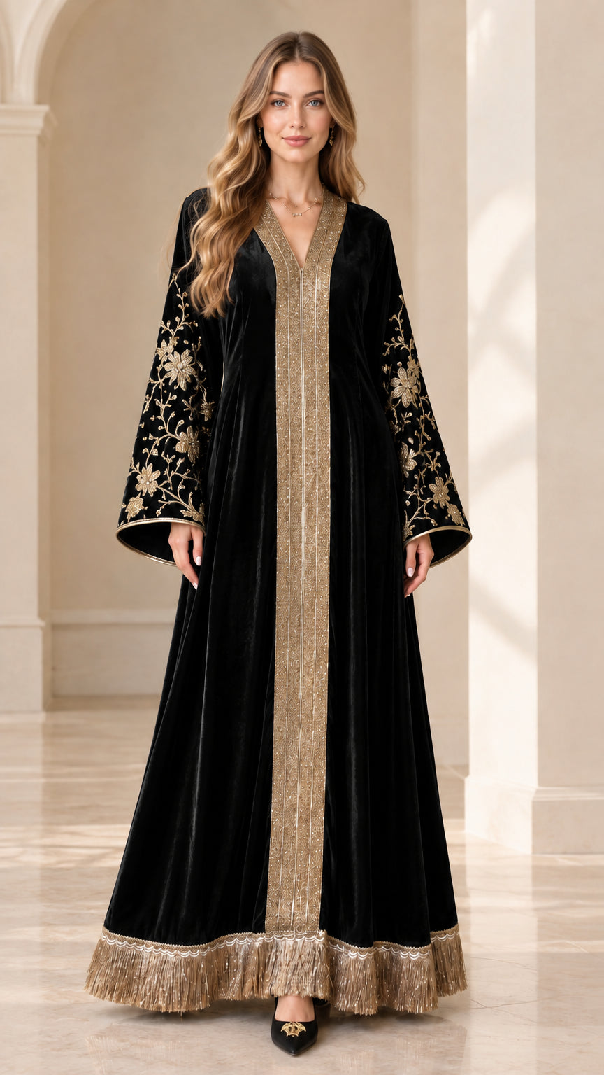 Front view of black velvet embroidered kaftan dress with gold details