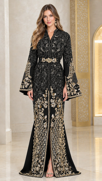 Black embroidered Moroccan caftan evening maxi dress with gold accents