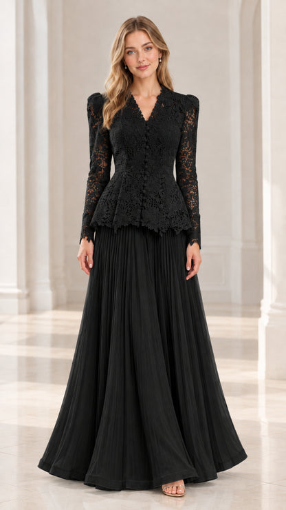 Black long sleeve lace peplum maxi evening gown