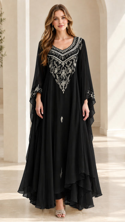 Black embroidered chiffon maxi kaftan evening dress