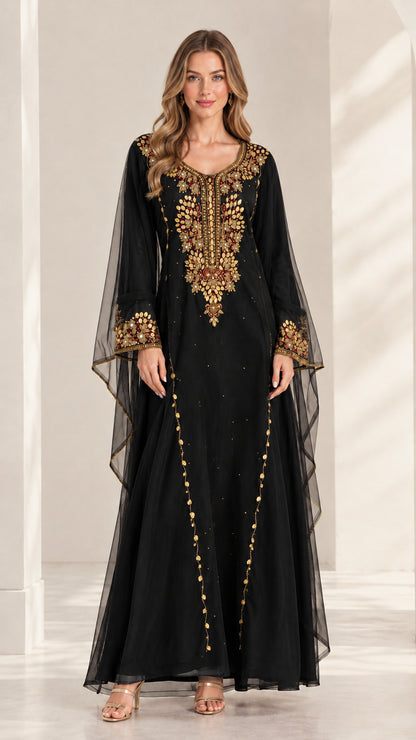 Black embroidered cape sleeve chiffon maxi kaftan dress