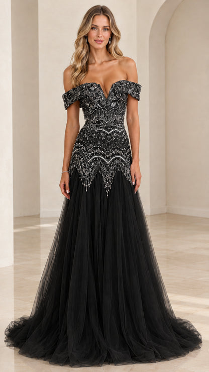 Black off-the-shoulder beaded bodice tulle formal gown