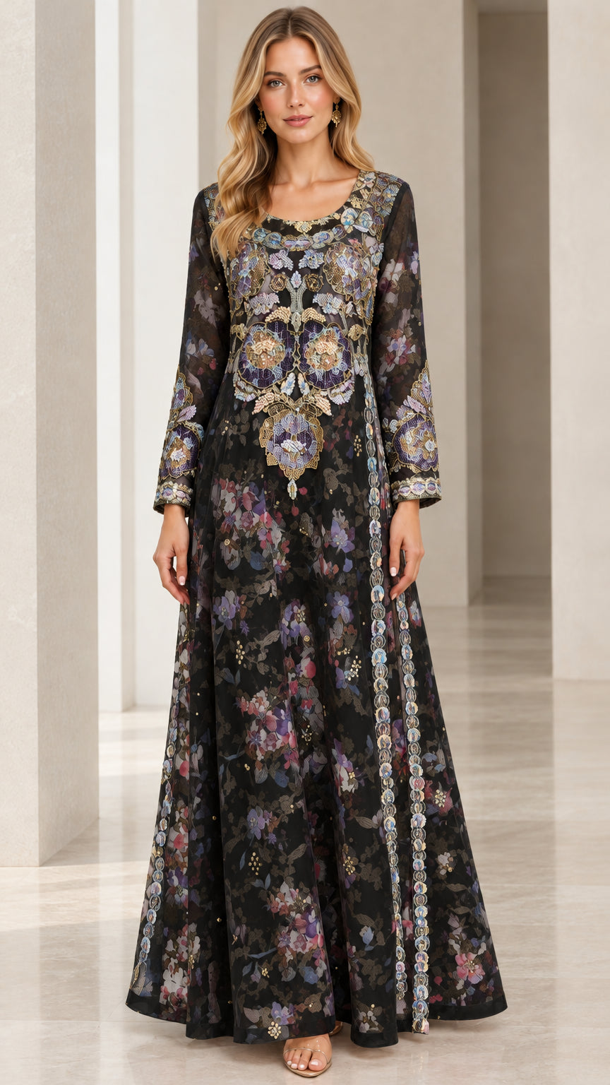 Full front view of black floral embroidered long sleeve maxi dress
