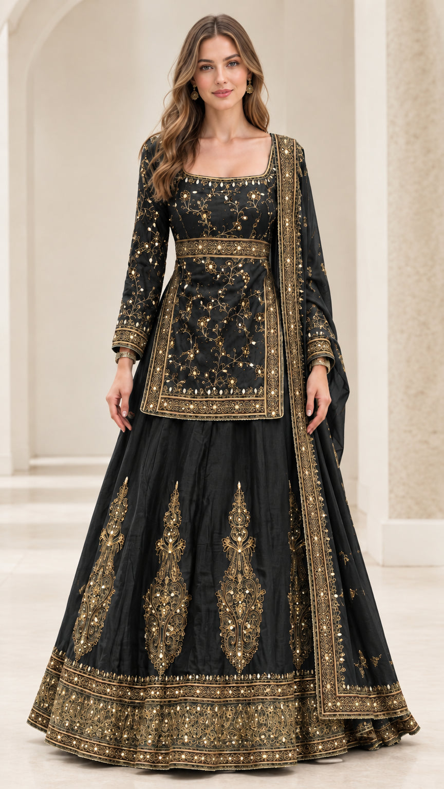 Black embroidered long sleeve kurti and lehenga skirt set with gold details
