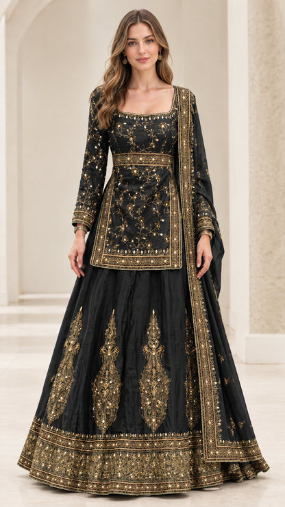 Black embroidered long sleeve kurti and lehenga skirt set with gold details