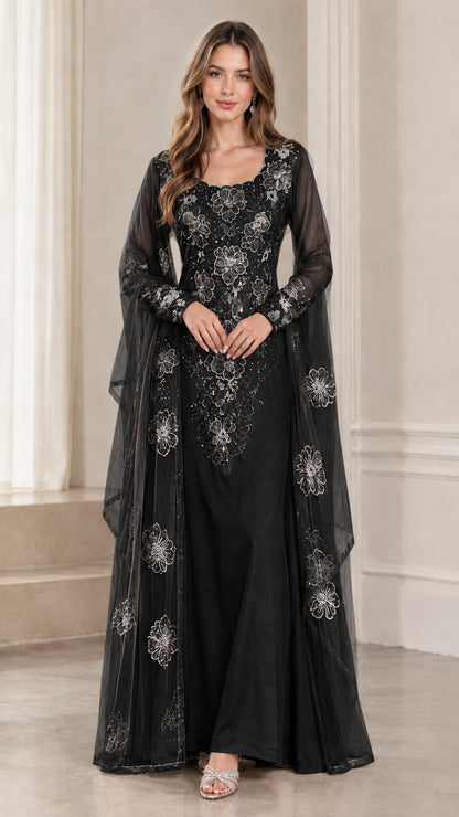 Full-length black floral embroidered lace evening gown with cape sleeves