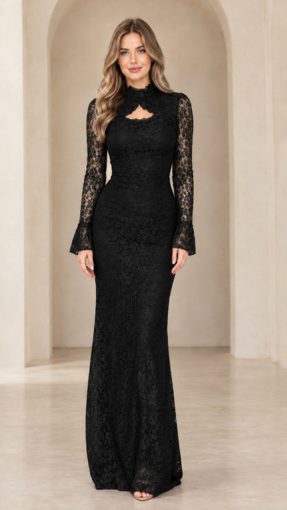 Black mock neck long sleeve floral lace formal maxi dress