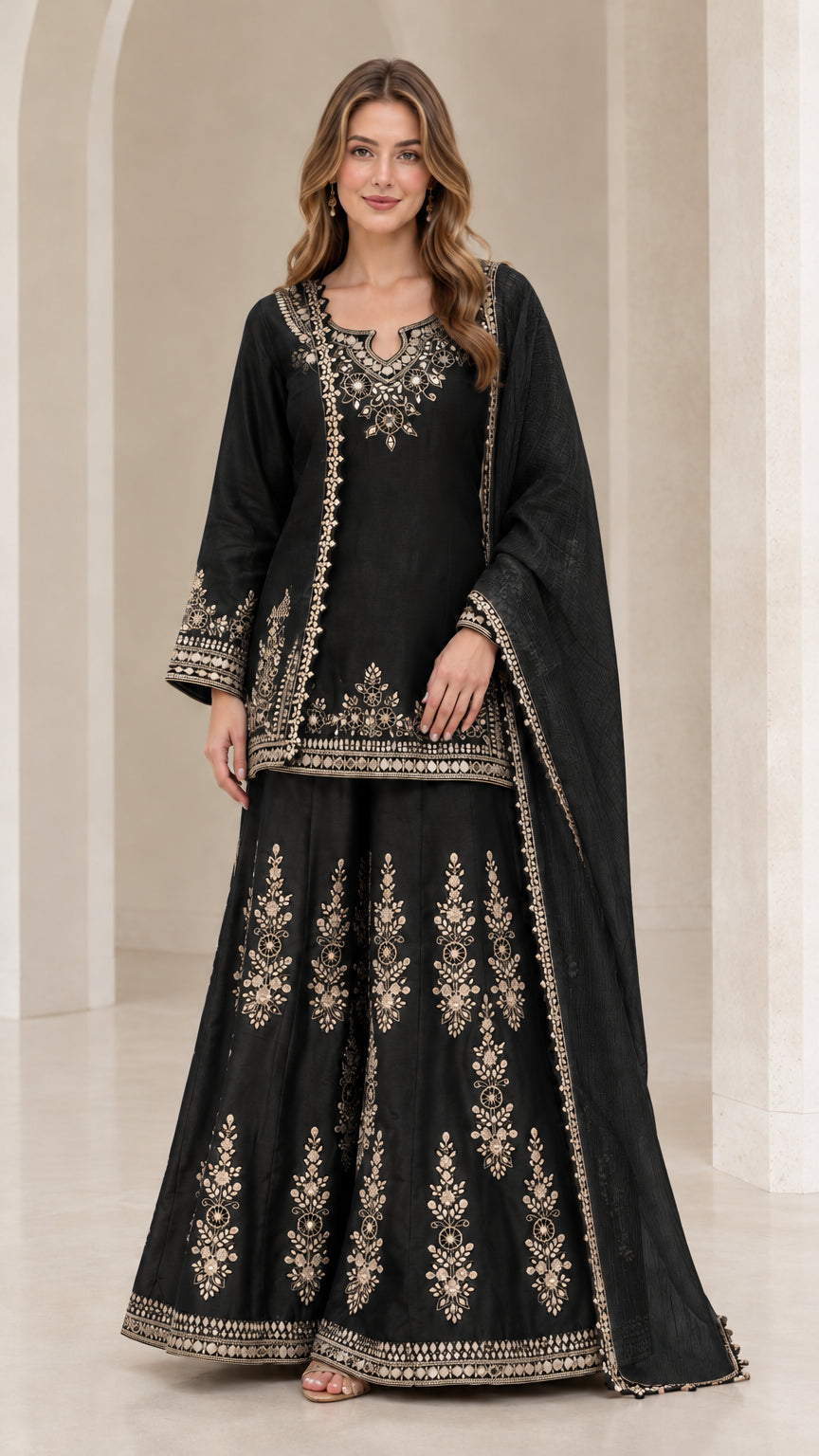 Black embroidered kurti sharara 3-piece ethnic suit set