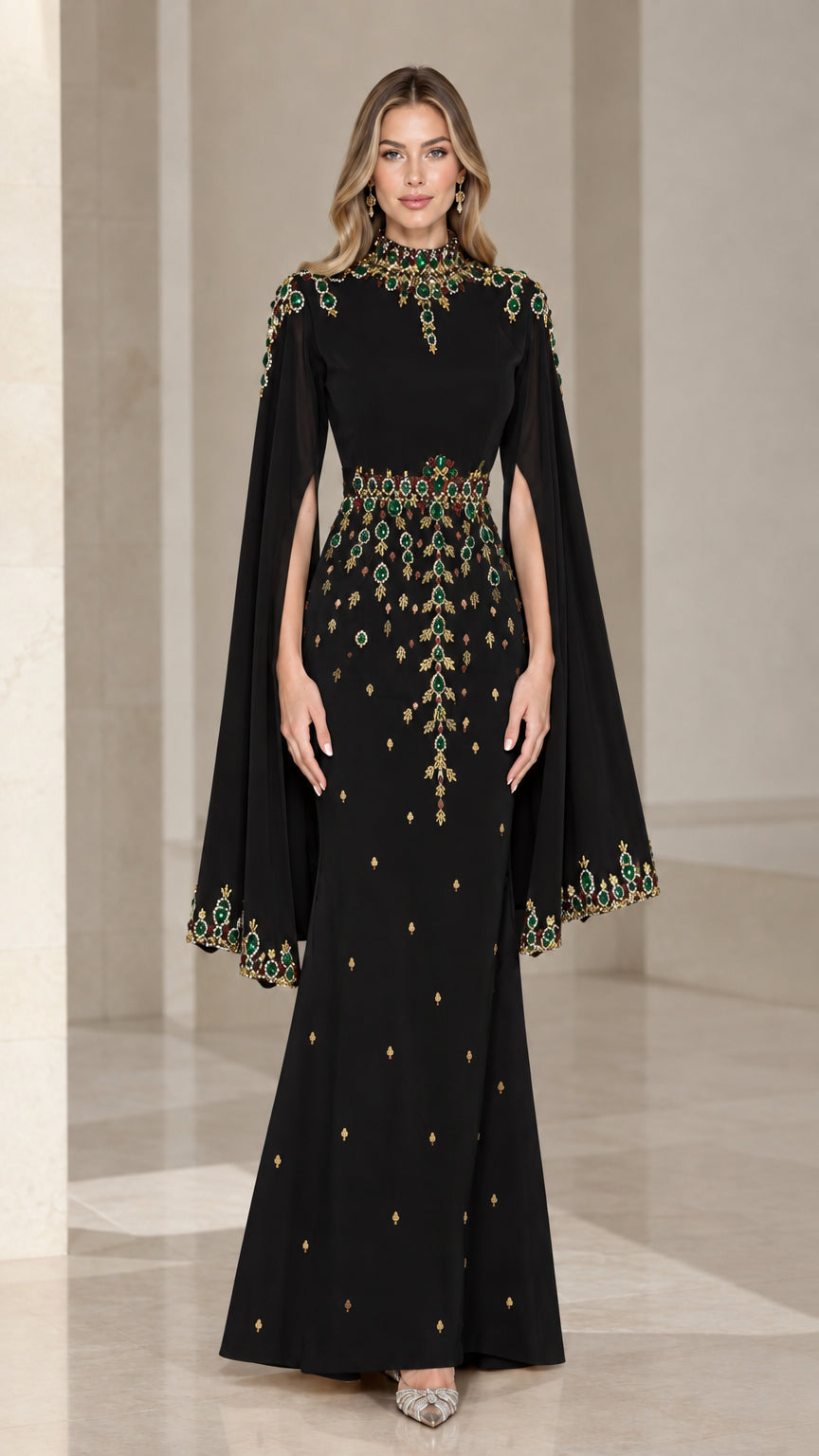 Front view of black formal evening gown with colorful jeweled cape sleeves