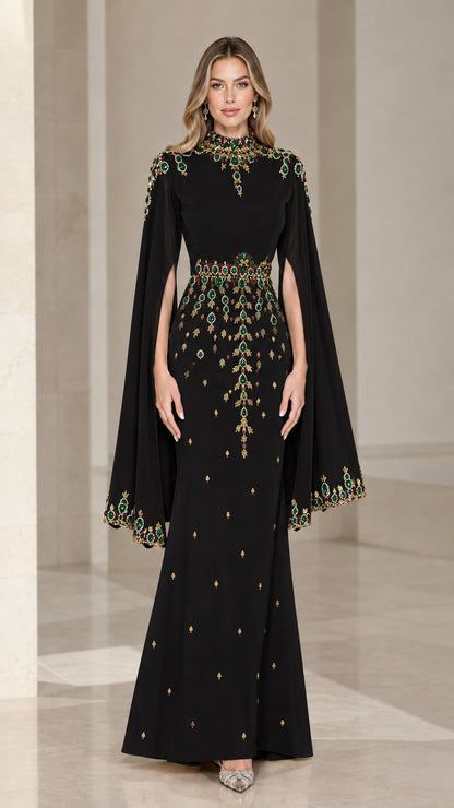 Front view of black formal evening gown with colorful jeweled cape sleeves