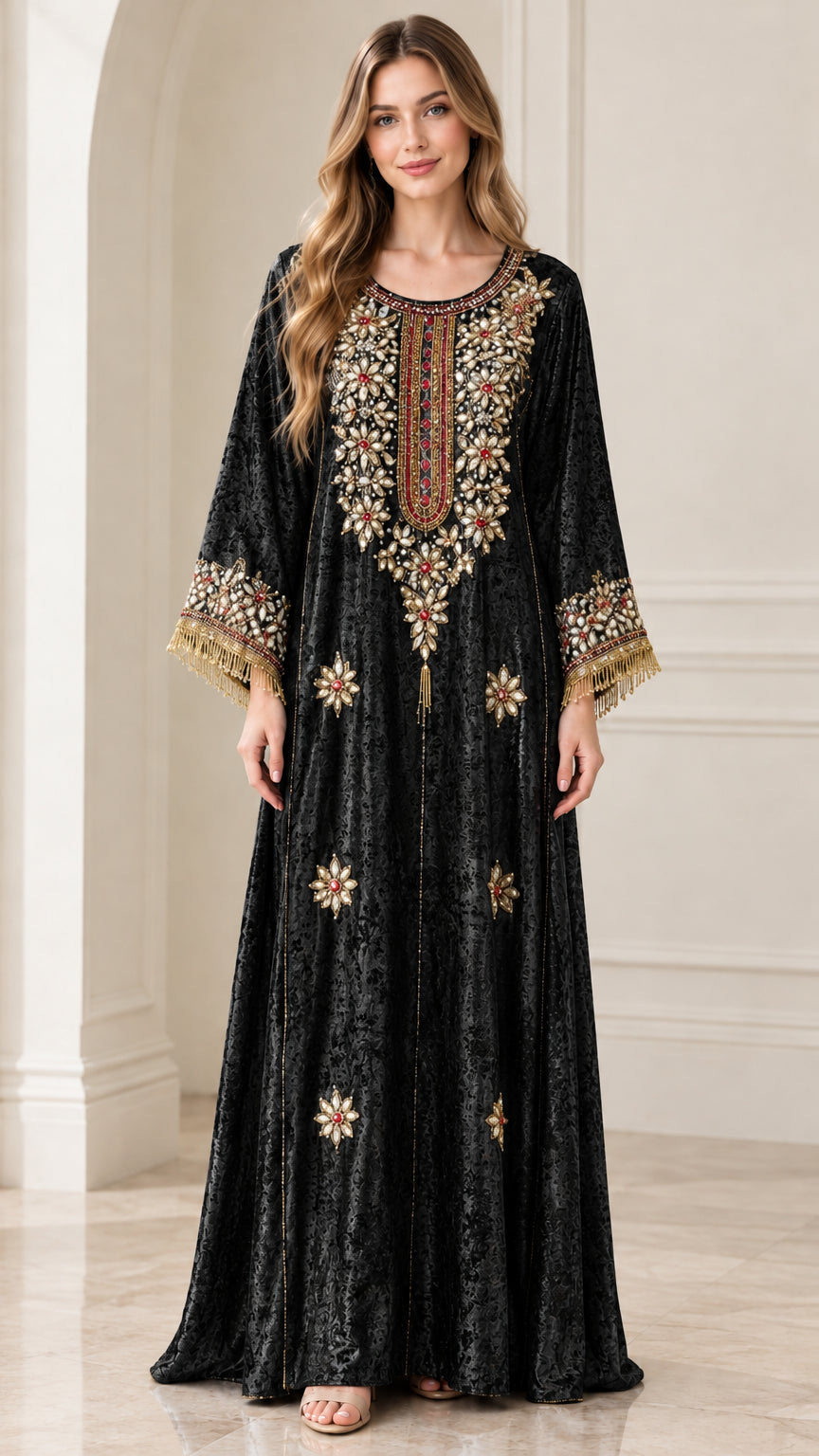 Front view of black embroidered crushed velvet kaftan maxi dress
