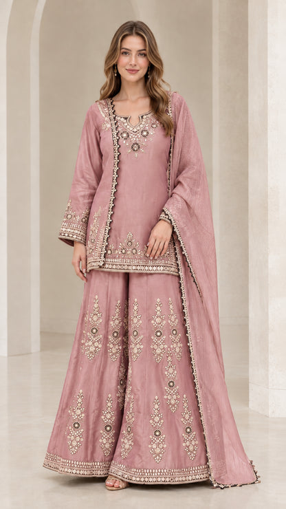 Dusty pink embroidered 3-piece festive kurti sharara suit