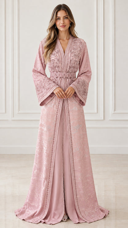 Full front view of model wearing Dusty Pink embroidered kaftan evening gown