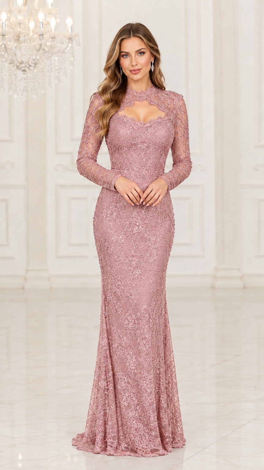 Dusty Rose long sleeve high neck sequin lace evening dress front view
