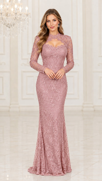 Dusty Rose long sleeve high neck sequin lace evening dress front view