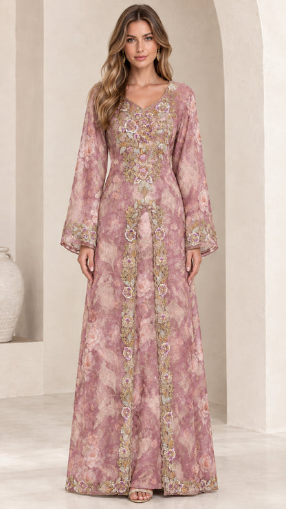 Front view of dusty pink floral embroidered bell sleeve maxi dress