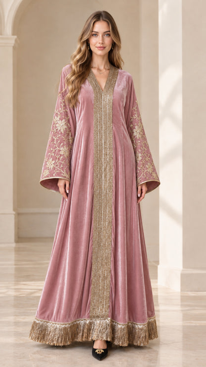 Front view of dusty rose pink velvet embroidered kaftan dress