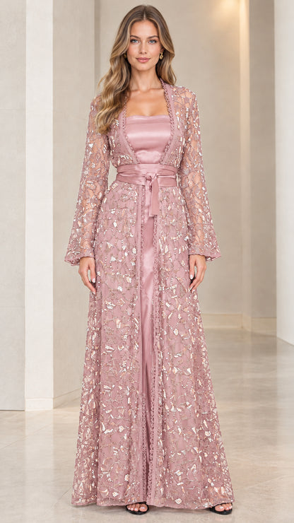 Model wearing dusty rose pink sequin lace long duster jacket and matching satin slip dress
