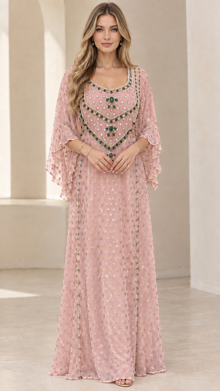Full-length front view of embellished kaftan maxi dress in blush pink