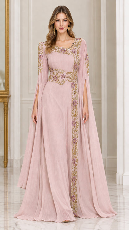 Front view of blush pink embroidered cape sleeve evening gown
