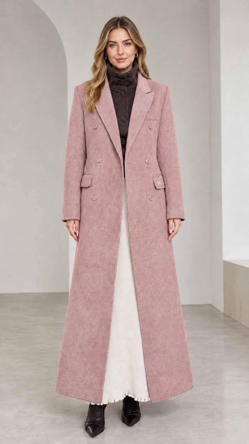 Front view of dusty pink double-breasted long overcoat