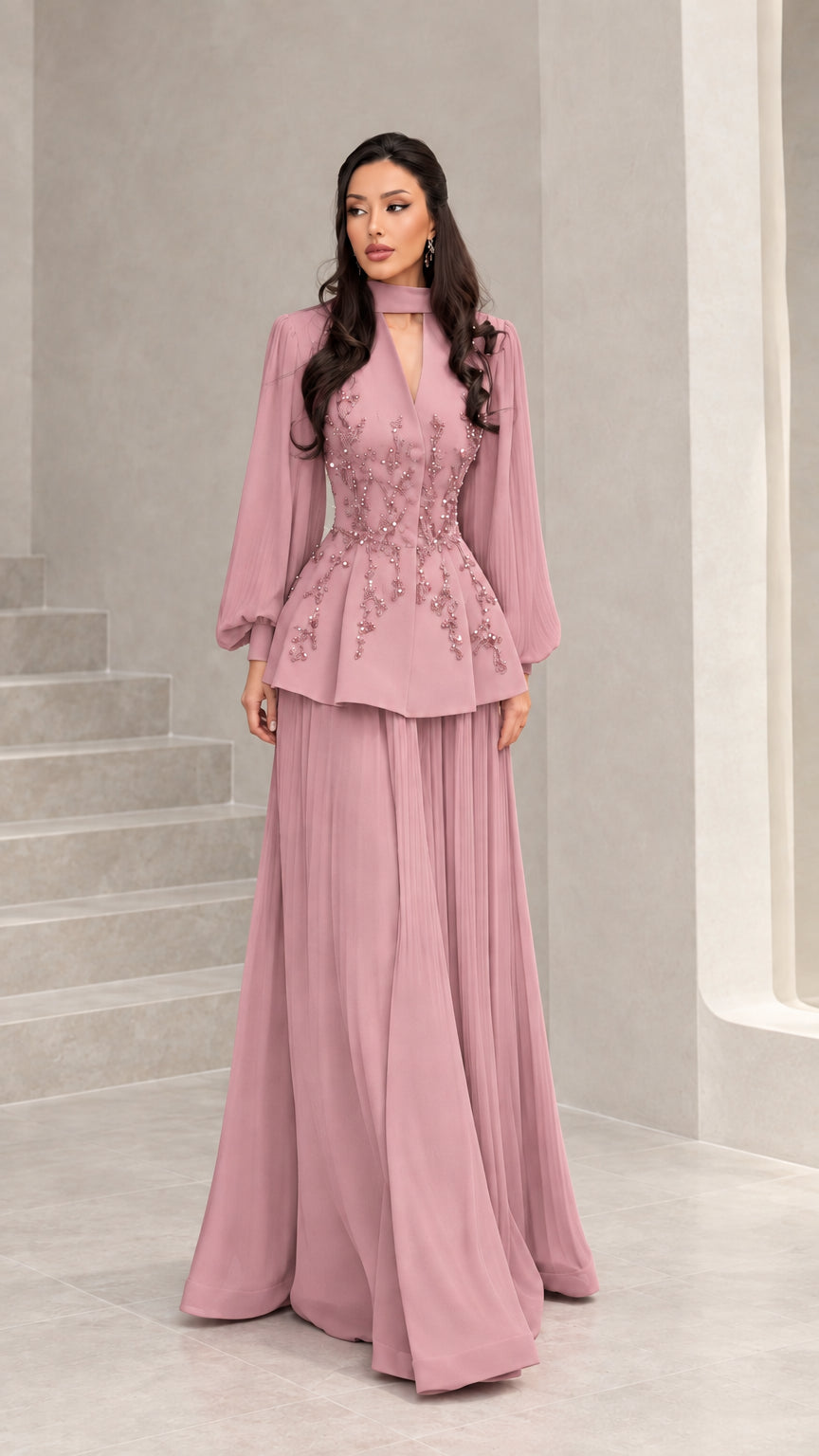 Front view of dusty pink long-sleeve embellished peplum evening dress
