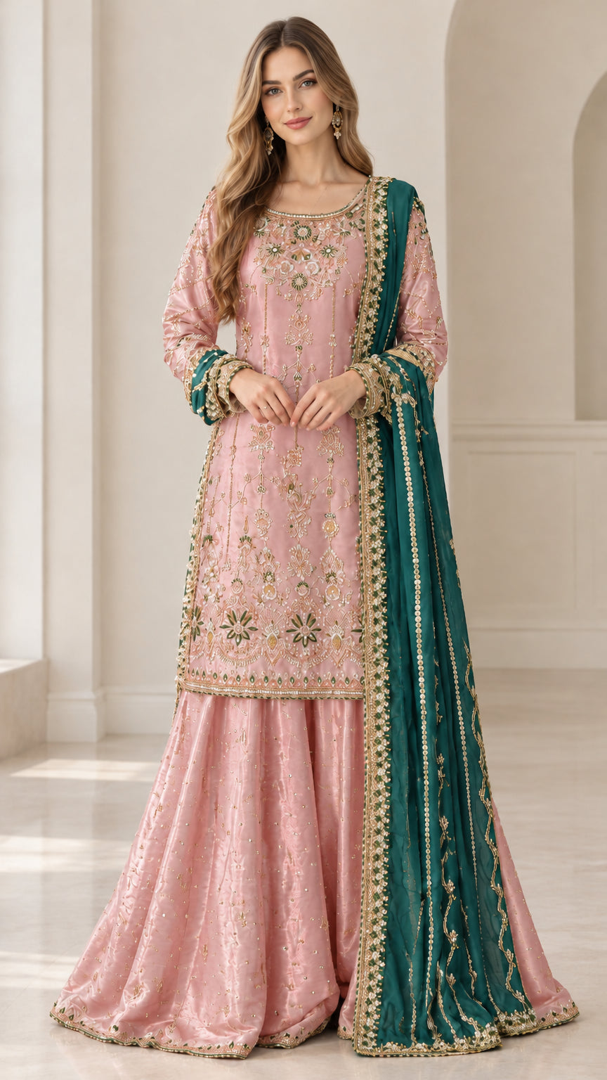 Full front view of blush pink embroidered sharara suit with contrast green dupatta