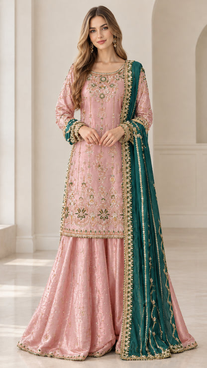 Full front view of blush pink embroidered sharara suit with contrast green dupatta