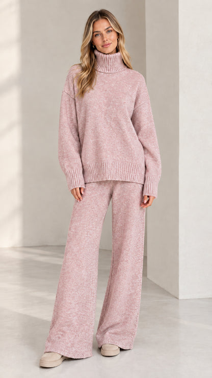 Women's dusty pink turtleneck knit sweater and matching wide leg pants set
