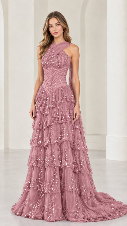 Dusty rose pink tiered sequin halter evening ball gown