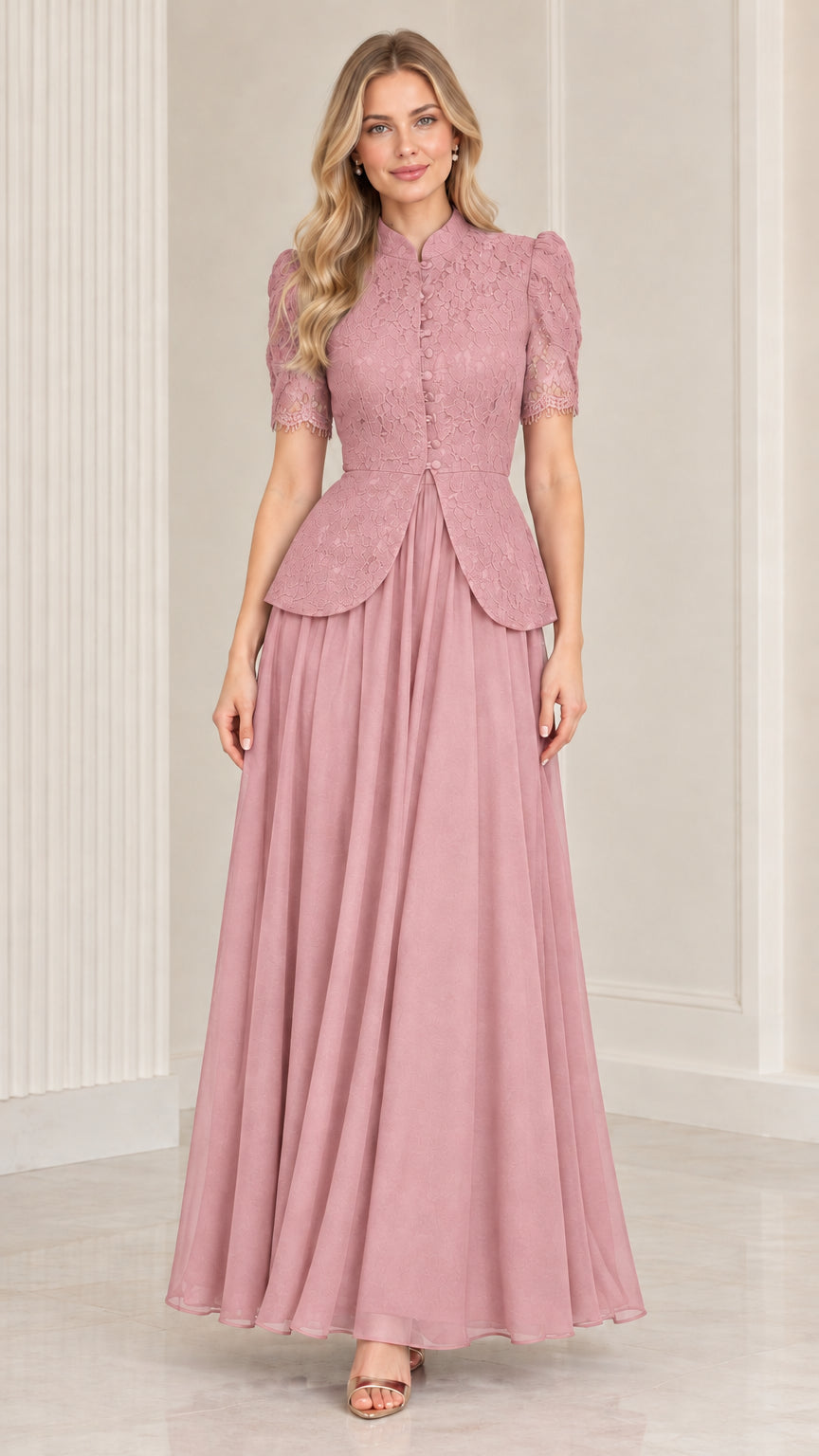 Dusty pink lace peplum mother of the bride maxi dress
