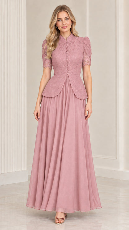 Dusty pink lace peplum mother of the bride maxi dress