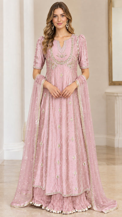 Dusty pink embroidered maxi gown set with elbow sleeves and sheer dupatta