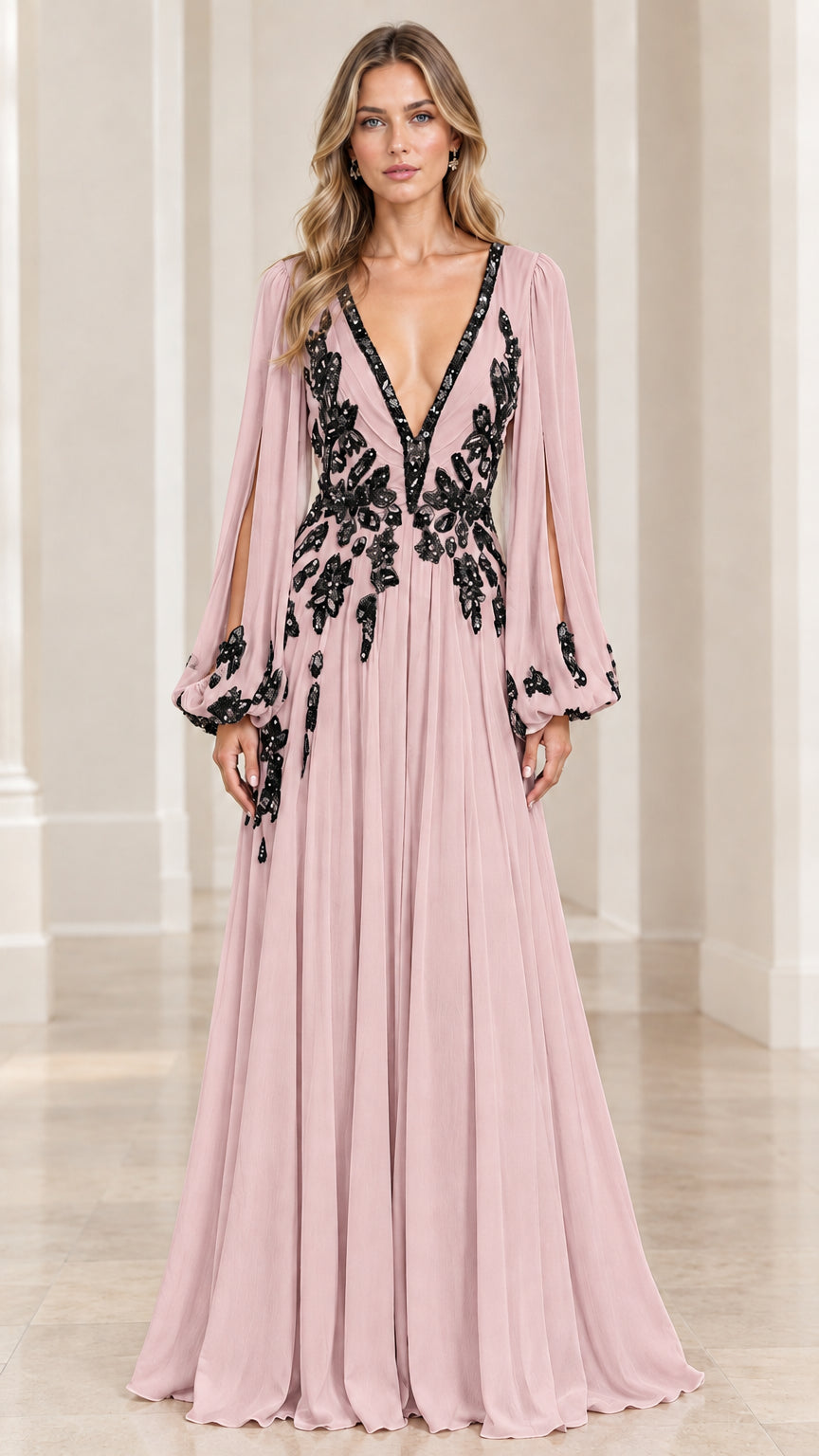 Model wearing blush pink floor-length evening dress with black floral embroidery