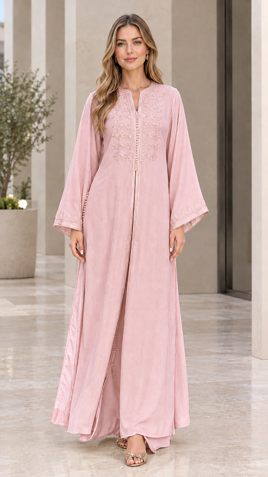 Blush pink elegant embroidered modest kaftan dress front view