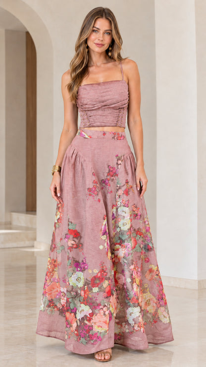 Full-length view of dusty rose pink floral two-piece crop top and maxi skirt set