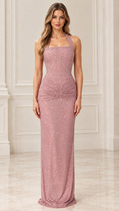 Dusty rose shimmer halter maxi dress for formal events