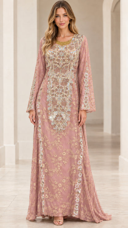 Front view of Dusty Pink embellished floral lace long sleeve formal gown